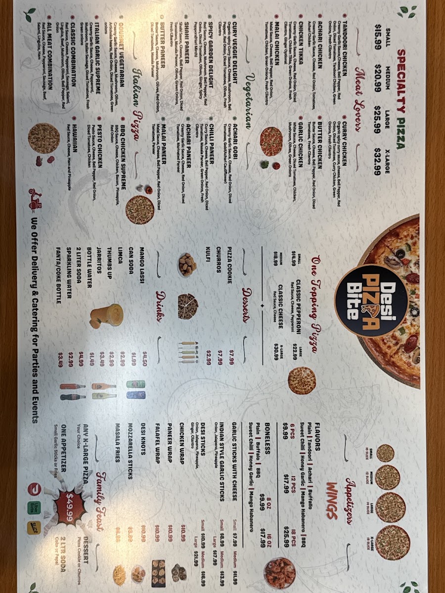 Desi Pizza Bite menu board