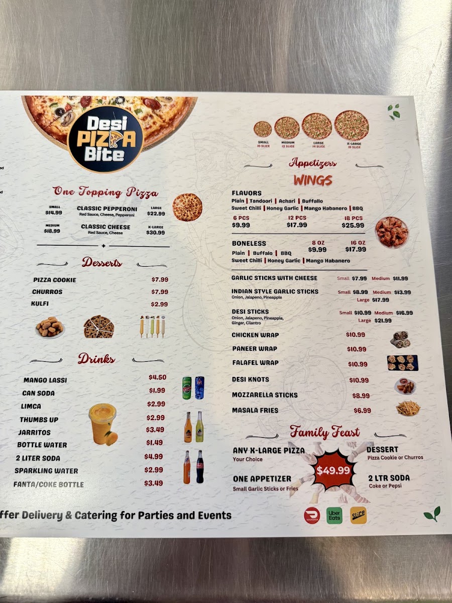 Desi Pizza Bite menu board