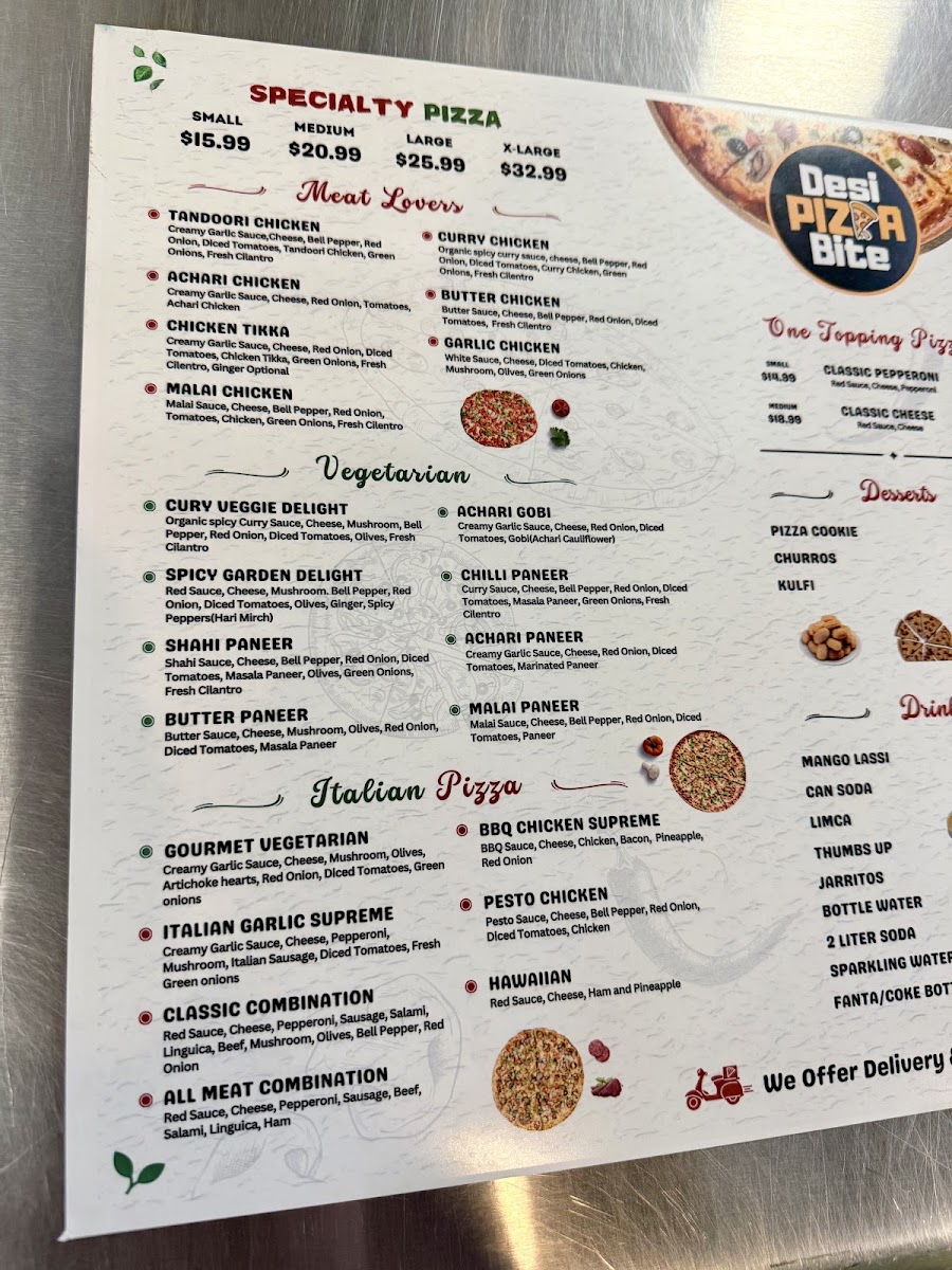 Desi Pizza Bite menu board