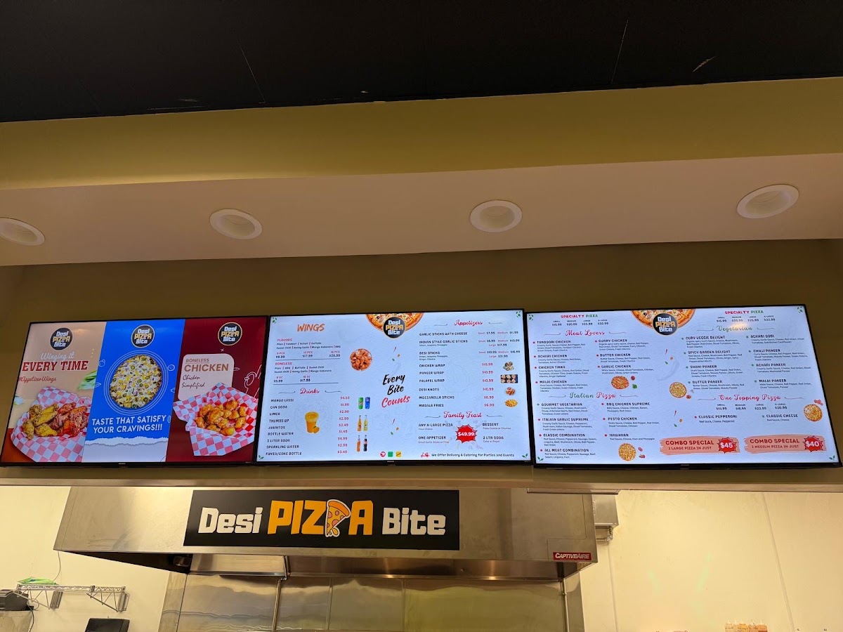 Desi Pizza Bite menu board