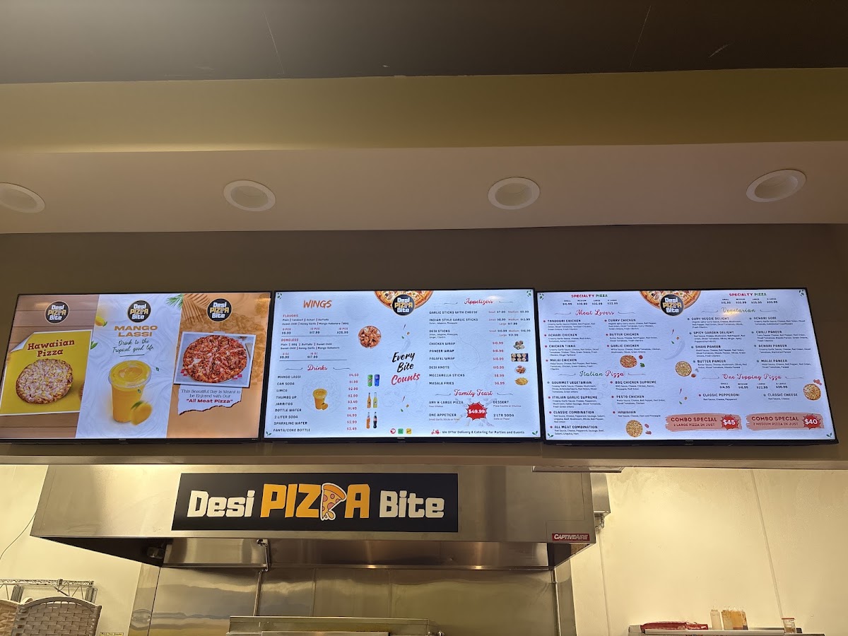 Desi Pizza Bite menu board