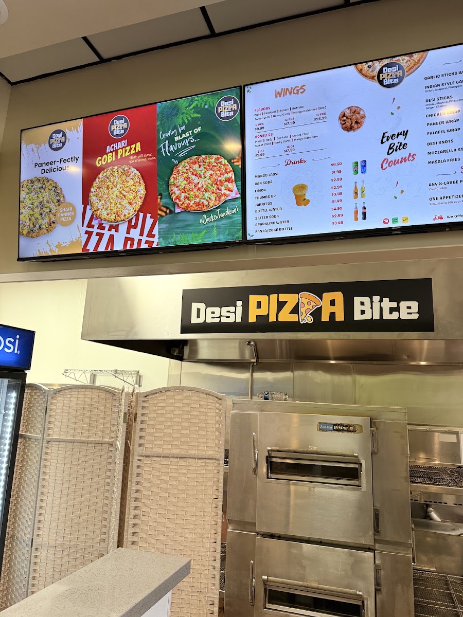 Desi Pizza Bite menu board