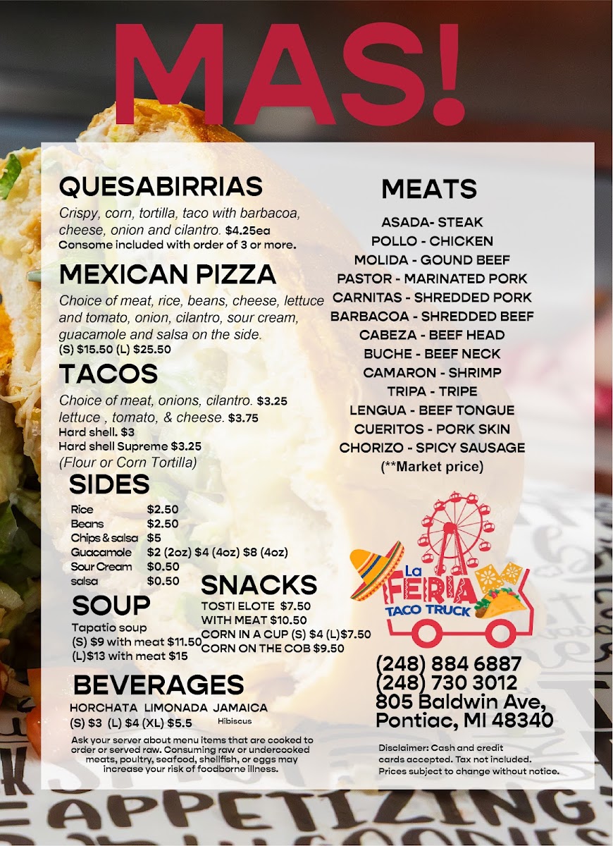La Feria Taco Truck menu board