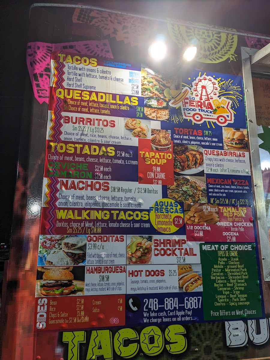La Feria Taco Truck menu board