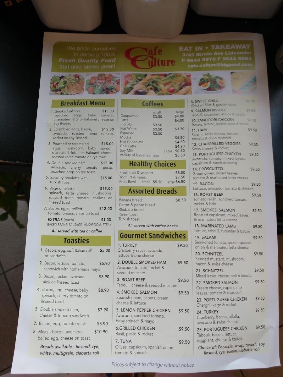 Cafe Culture Lidcombe menu board