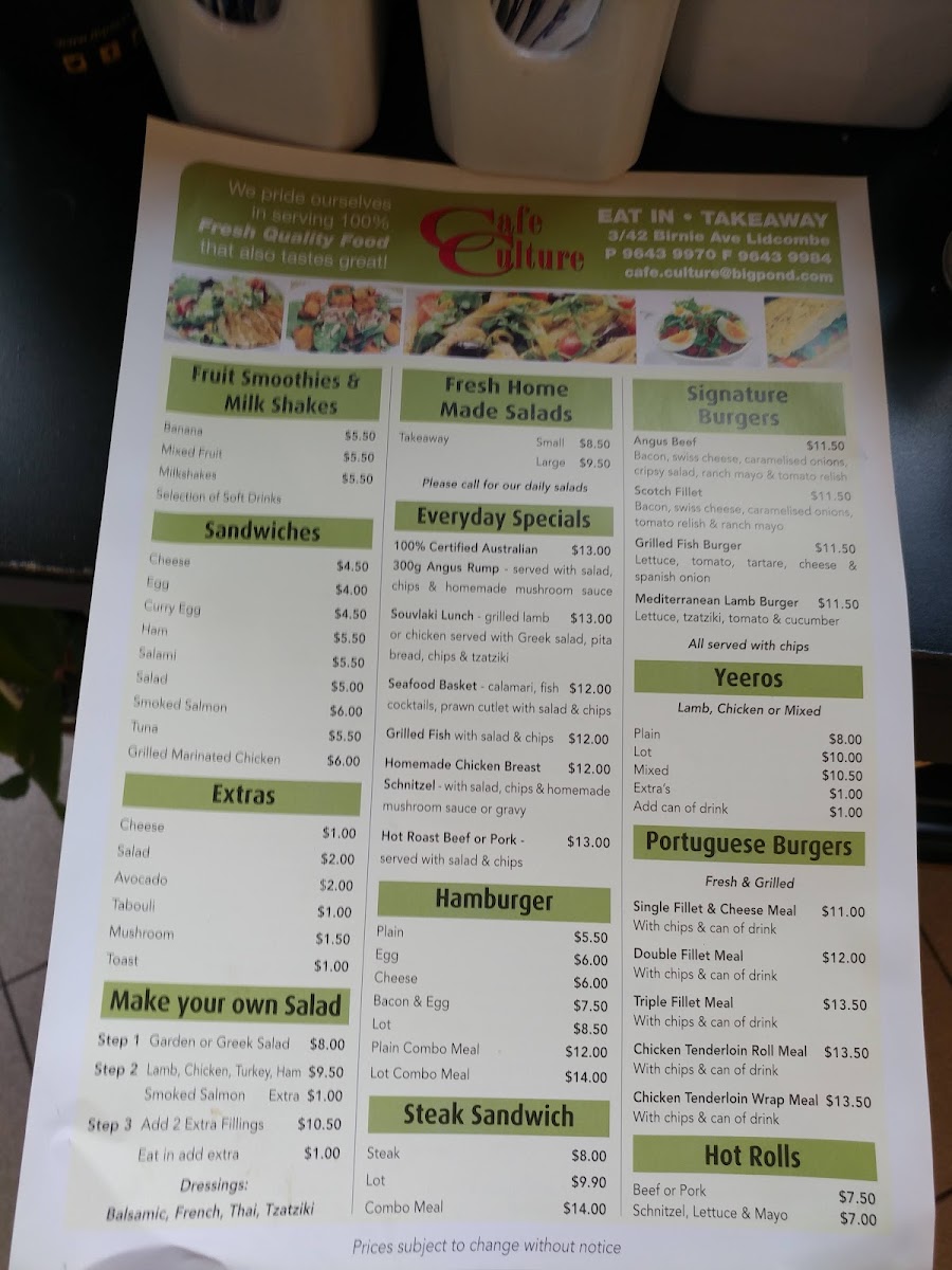 Cafe Culture Lidcombe menu board