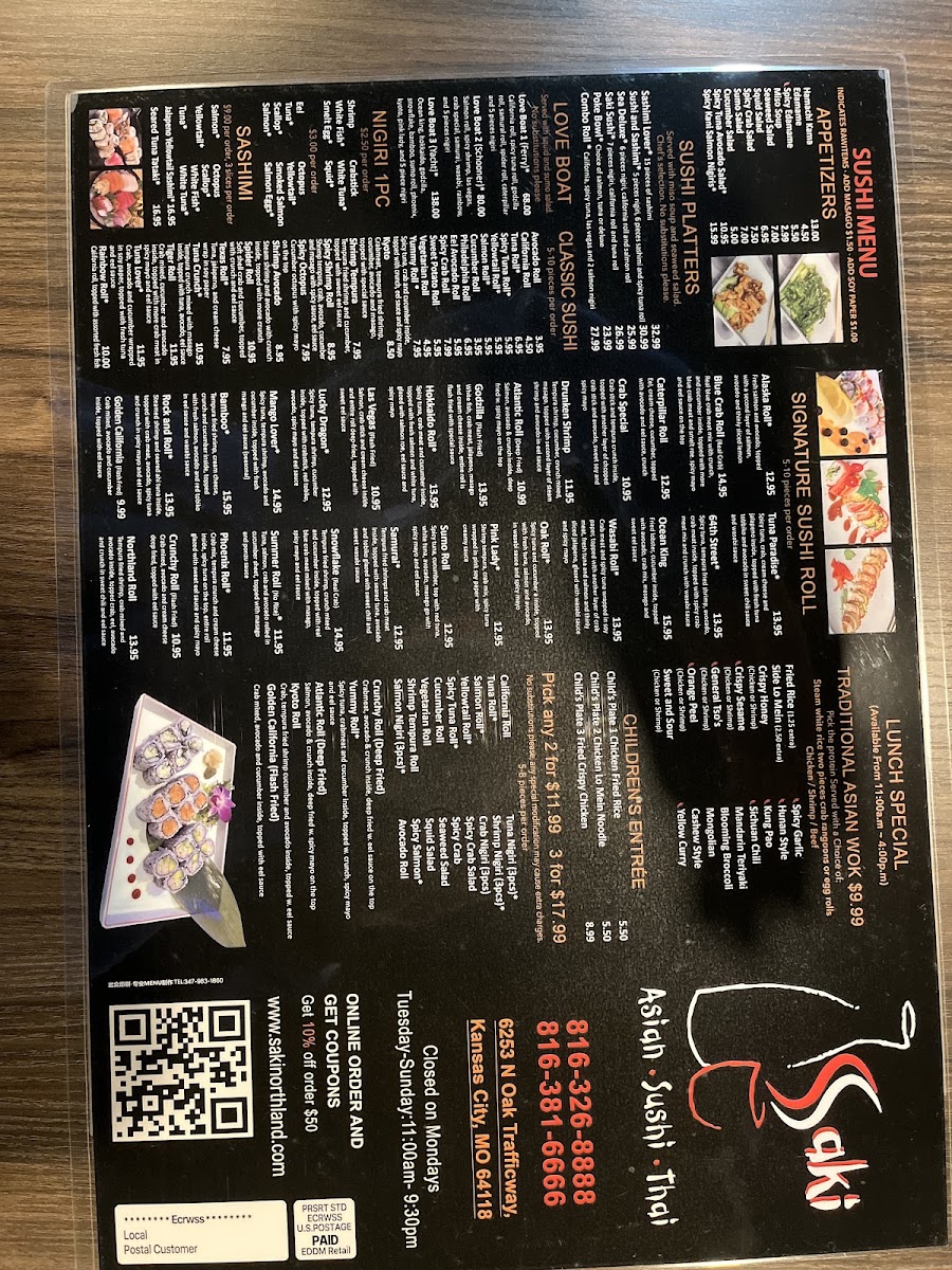 Saki Asian Restaurant menu board