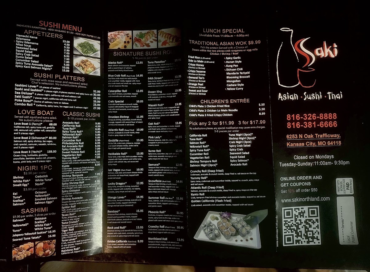 Saki Asian Restaurant menu board
