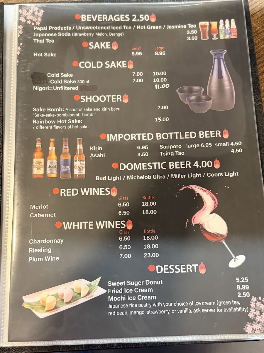 Saki Asian Restaurant menu board