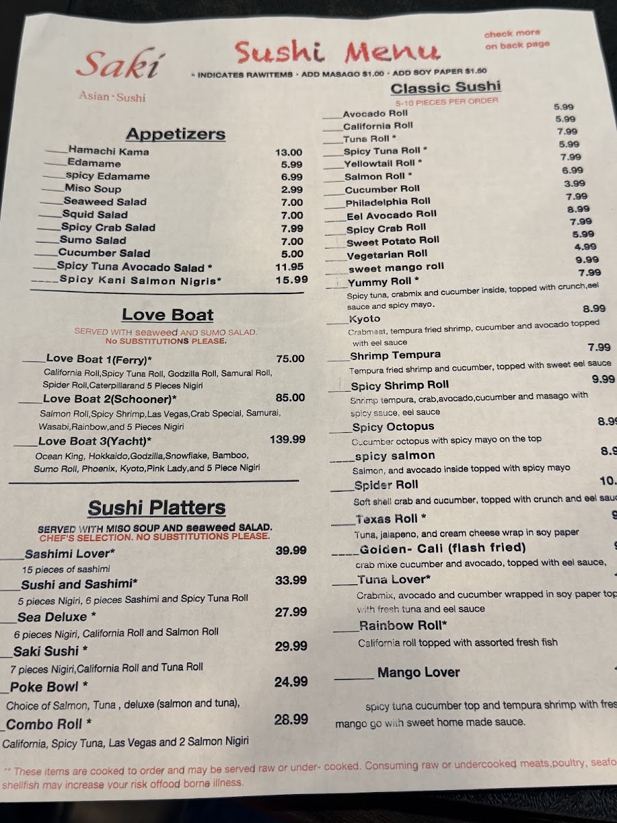 Saki Asian Restaurant menu board