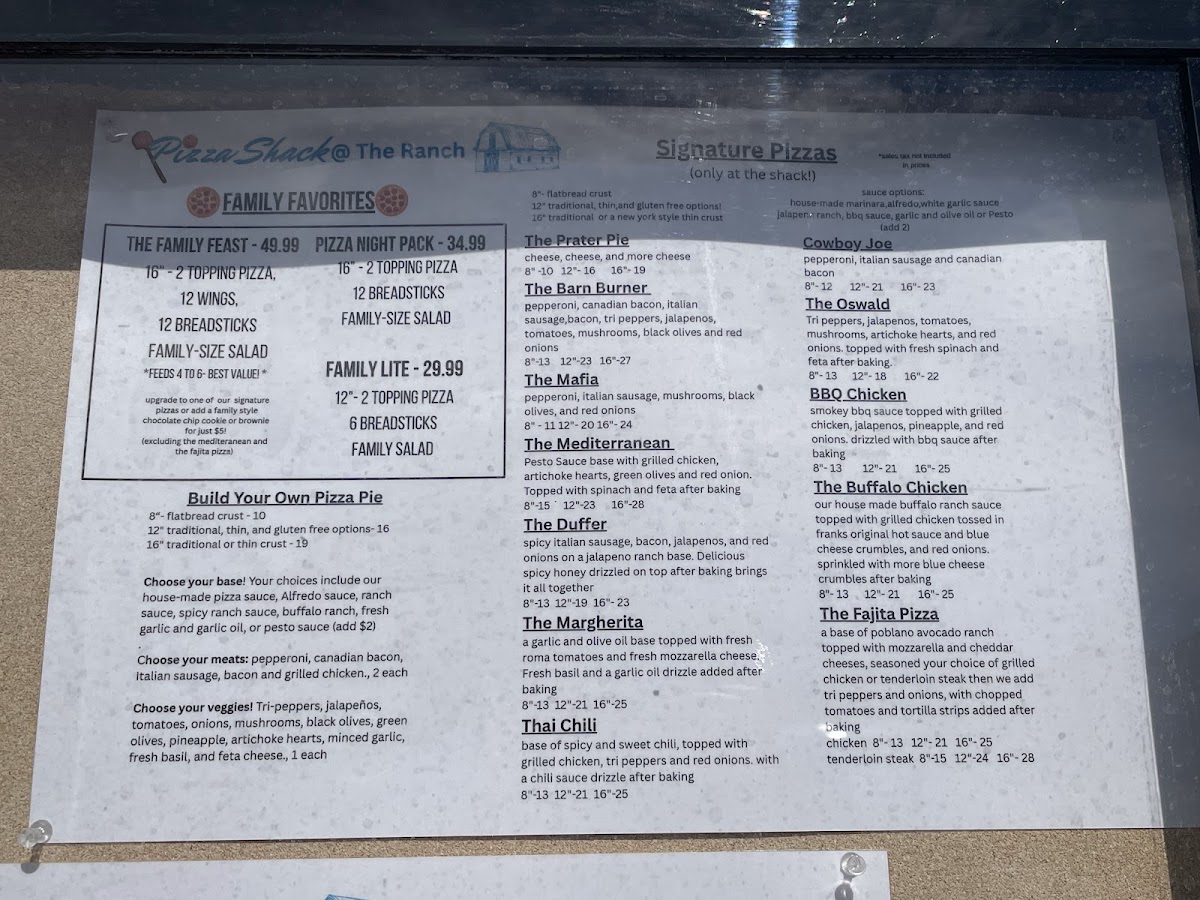 Pizza Shack at The Ranch menu board