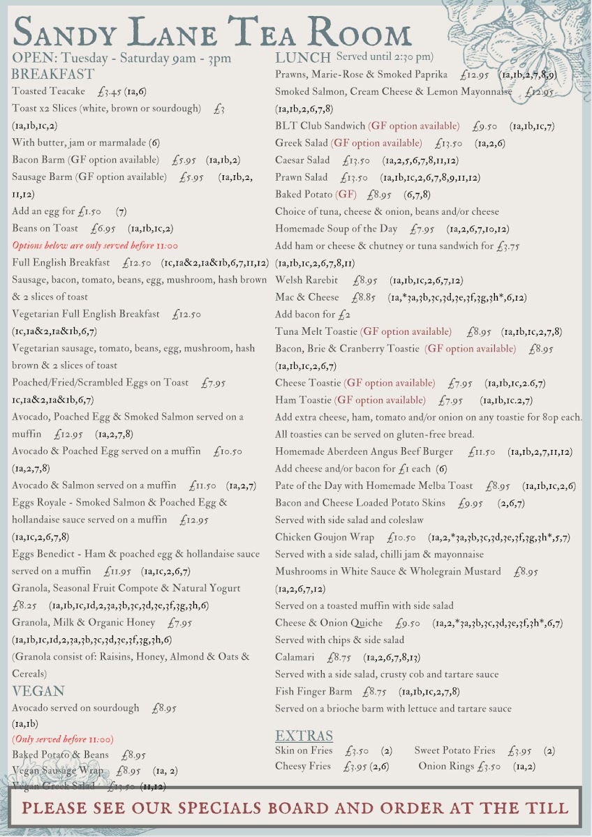 Sandy Lane Tea Room menu board