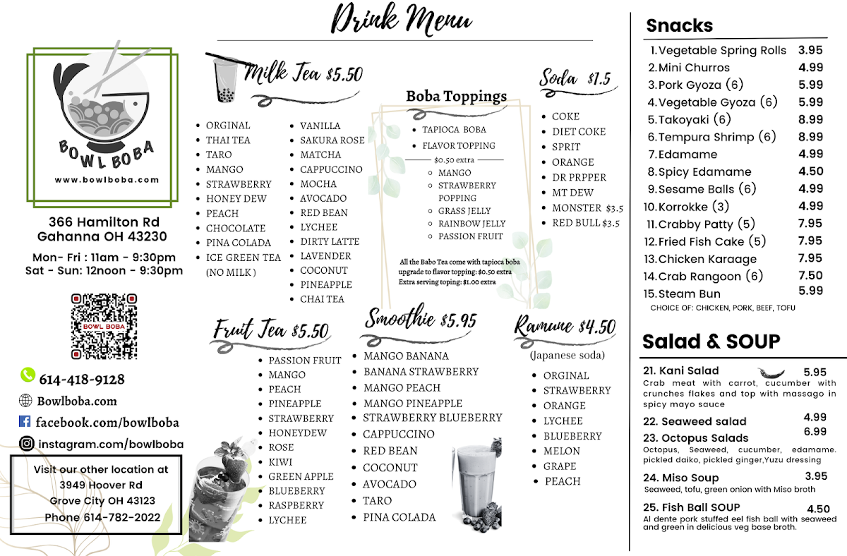 Bowl Boba Gahanna menu board