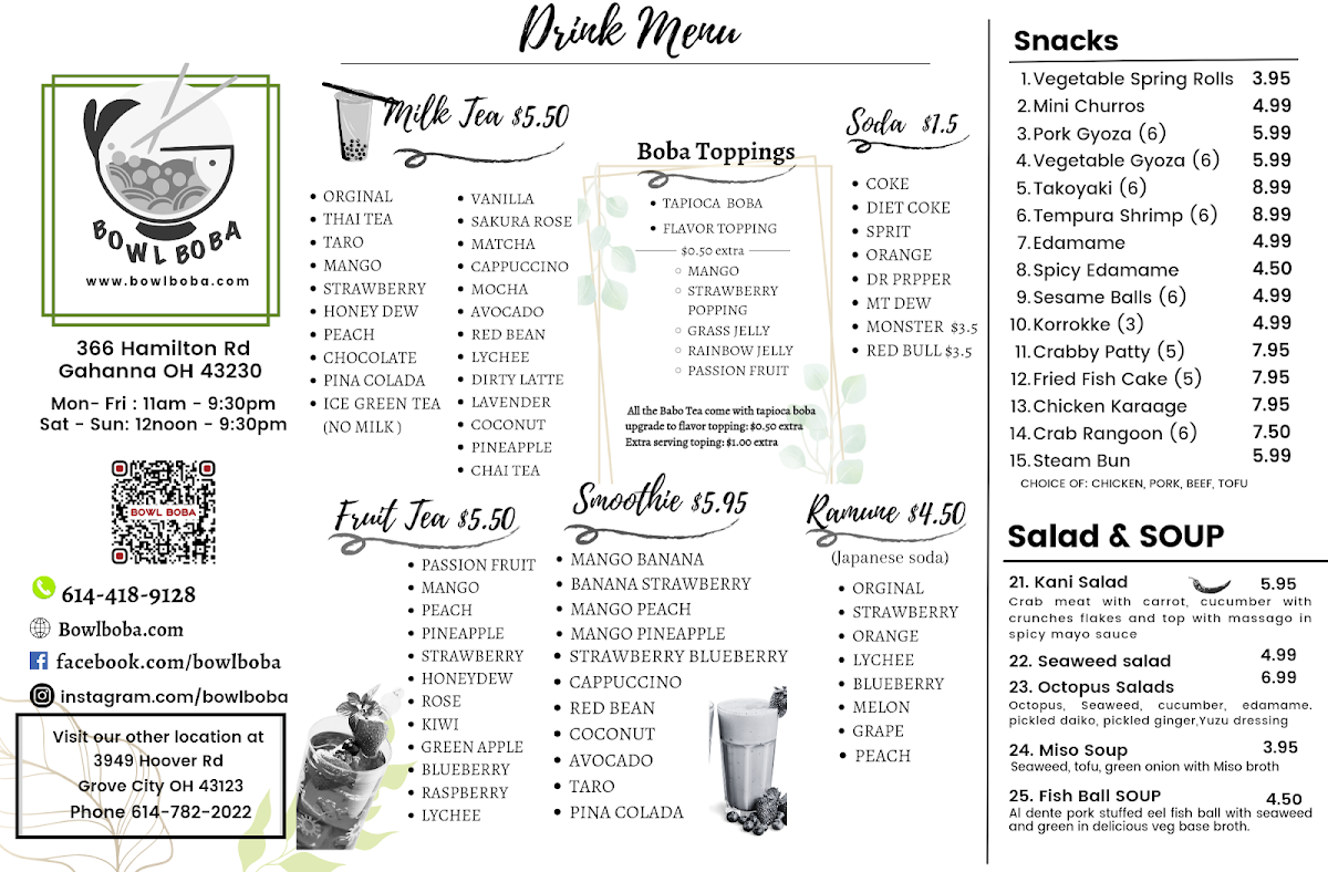 Bowl Boba Gahanna menu board