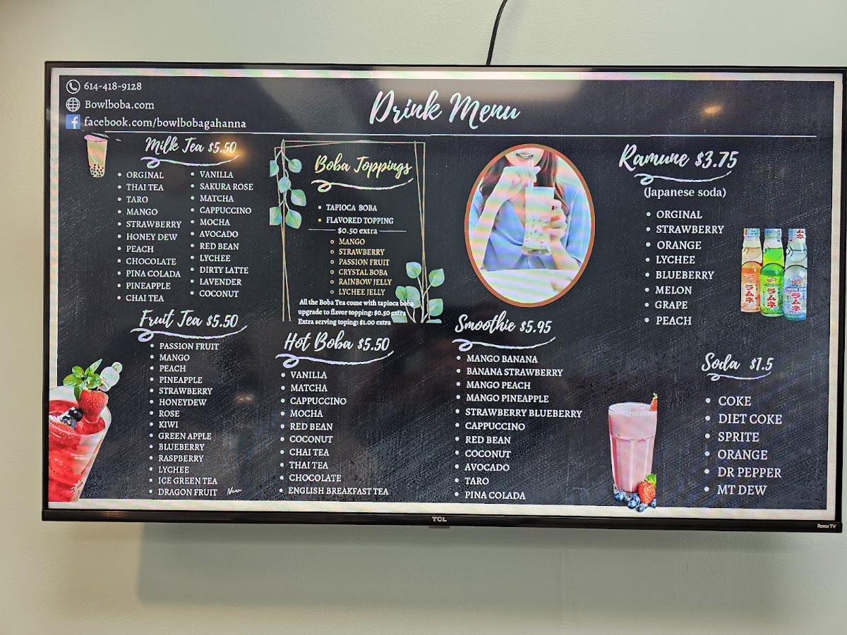 Bowl Boba Gahanna menu board