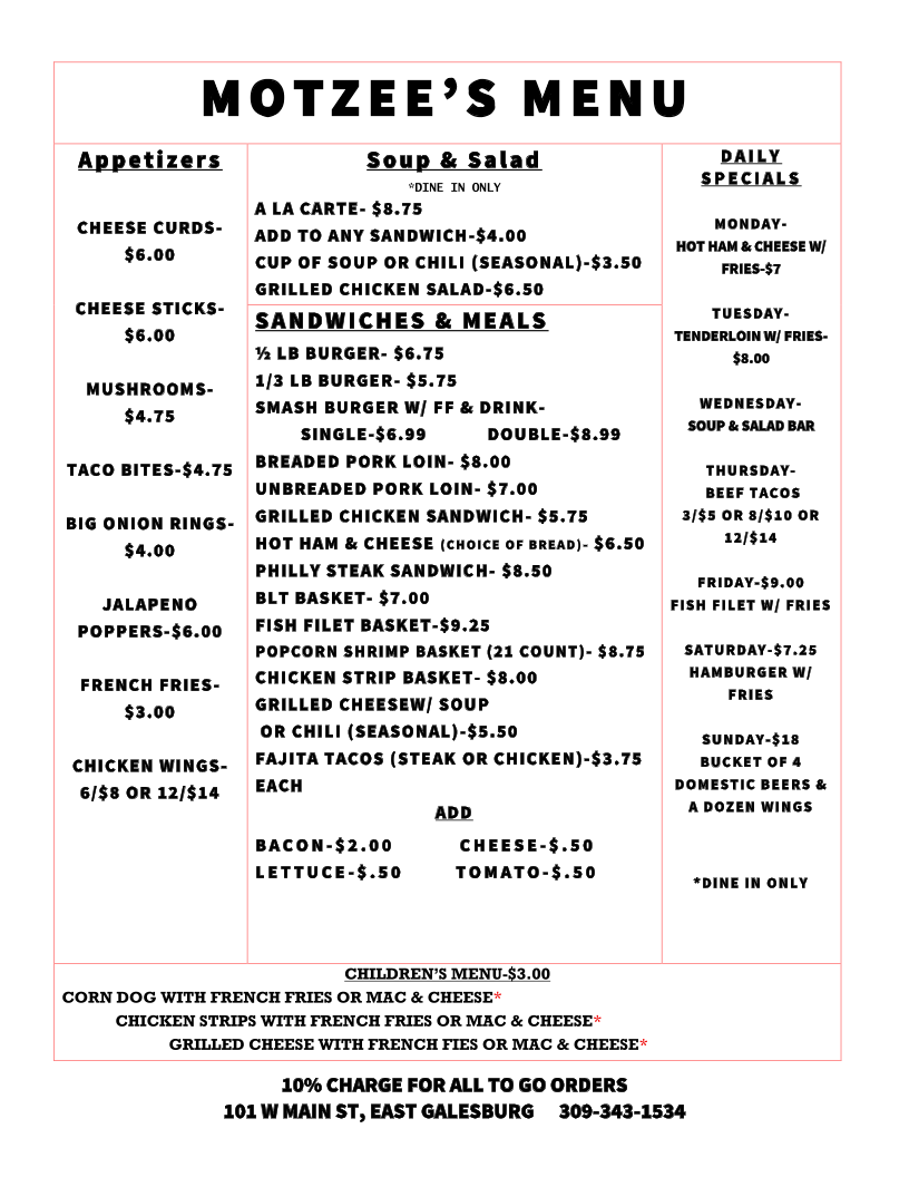 Motzee's Cardinal Inn menu board