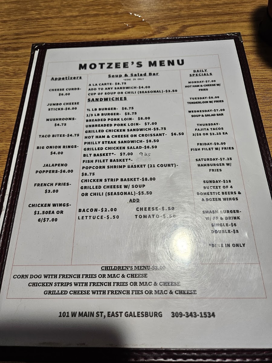 Motzee's Cardinal Inn menu board