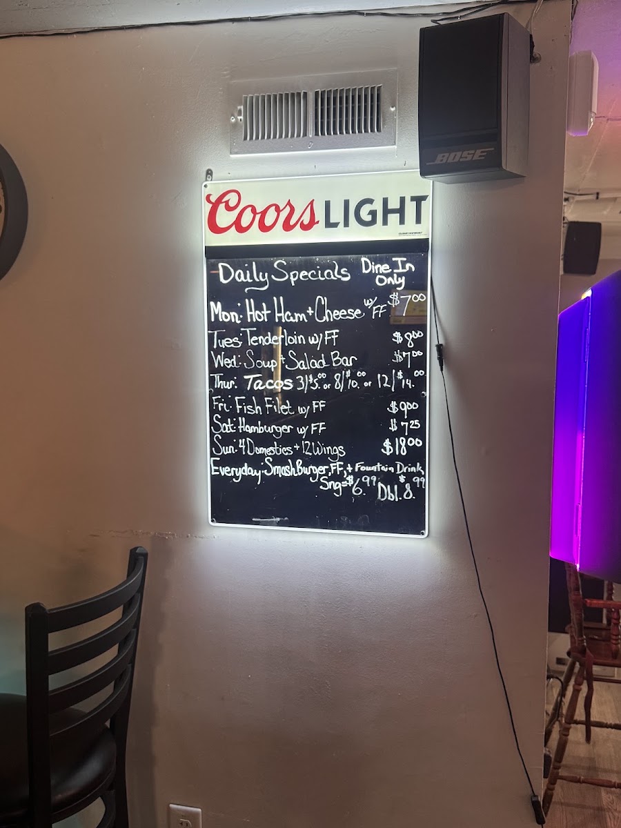 Motzee's Cardinal Inn menu board