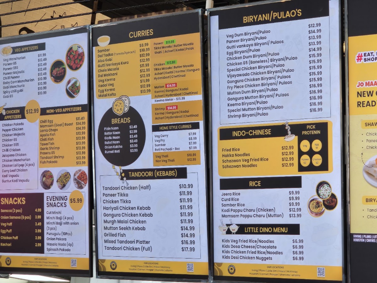 Desi District - Prosper, TX menu board
