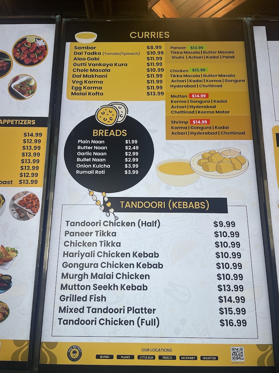 Desi District - Prosper, TX menu board