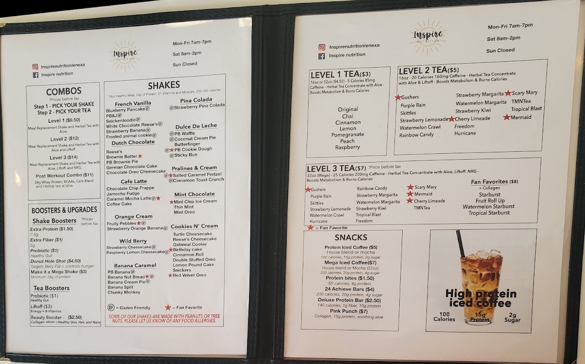 Inspire Nutrition menu board