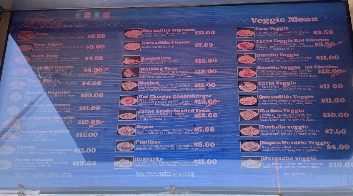 LA PIEDAD TACO TRUCK menu board