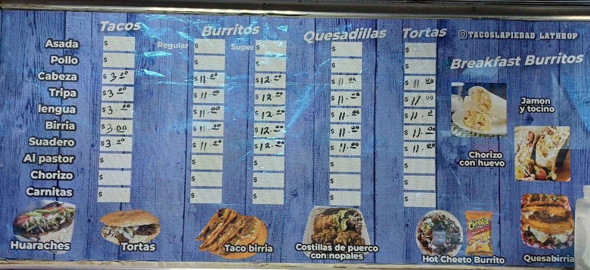 LA PIEDAD TACO TRUCK menu board