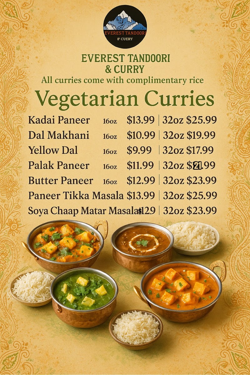 Everest Tandoori & Curry'Best Indian Food In Lathorp' menu board