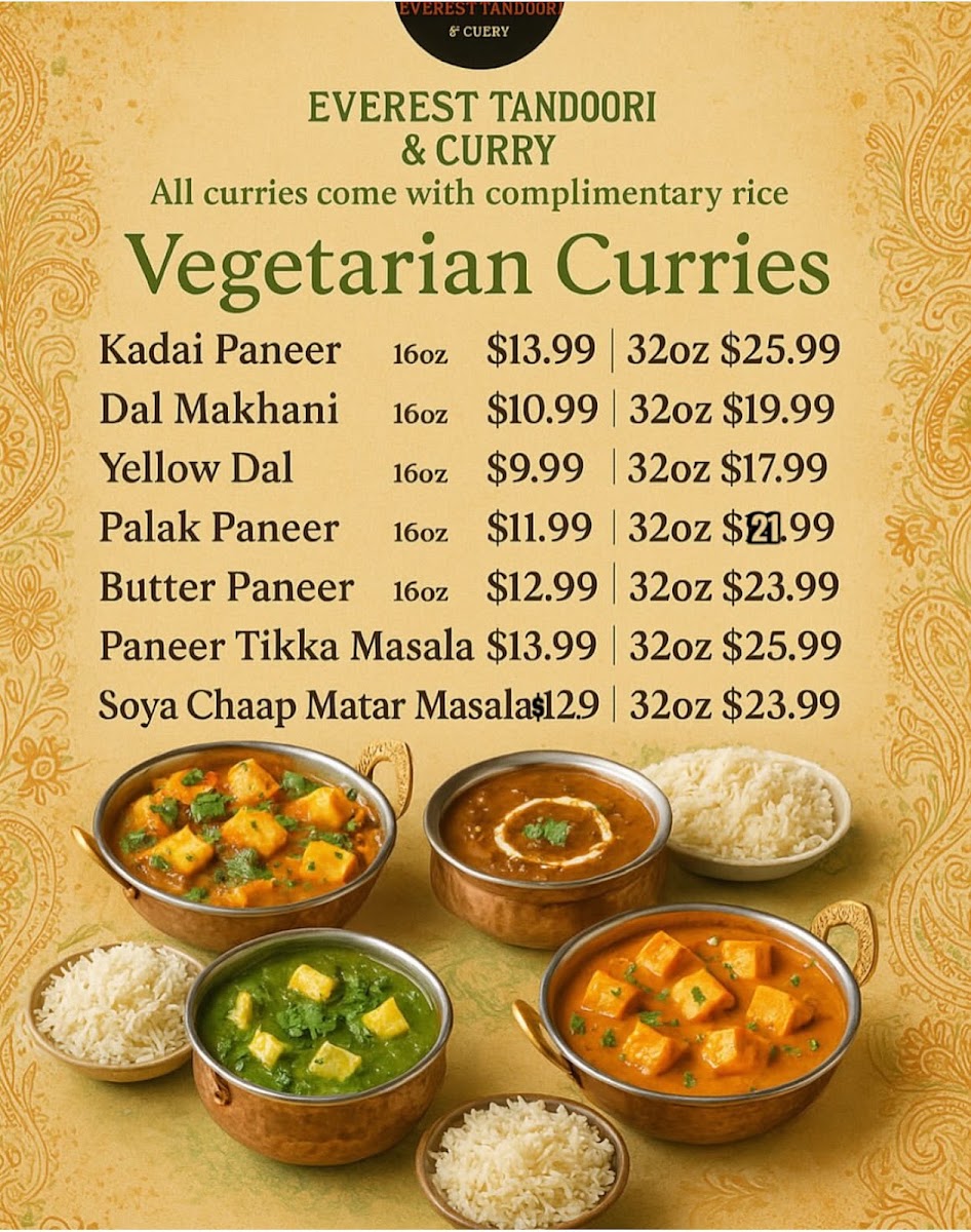 Everest Tandoori & Curry'Best Indian Food In Lathorp' menu board