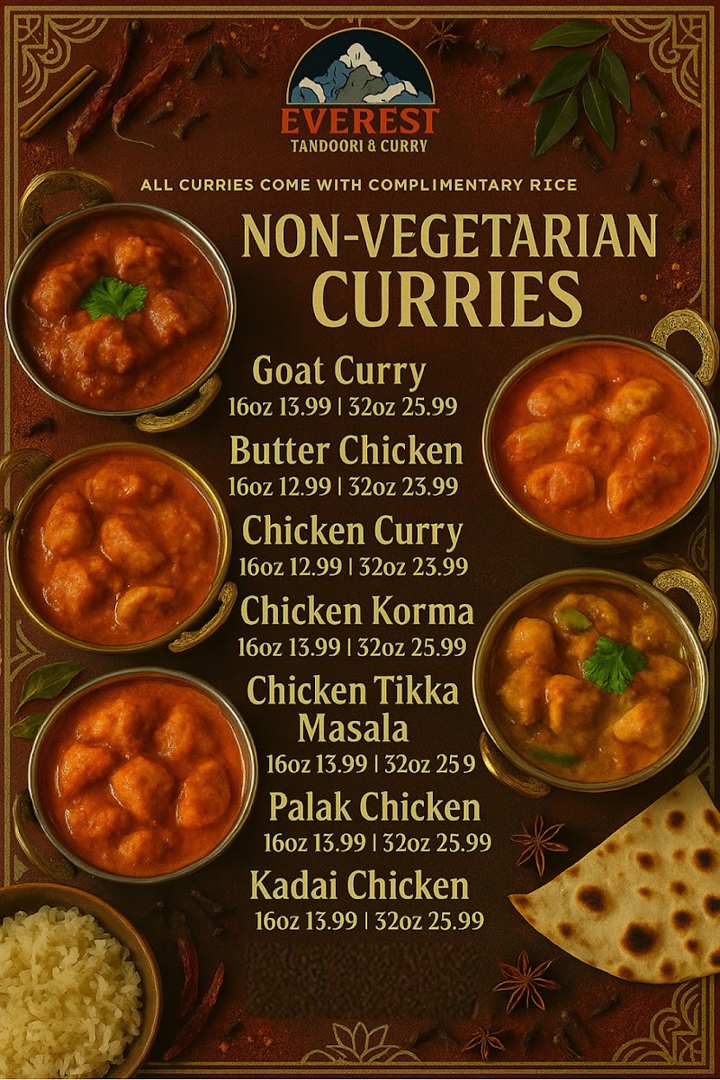Everest Tandoori & Curry'Best Indian Food In Lathorp' menu board