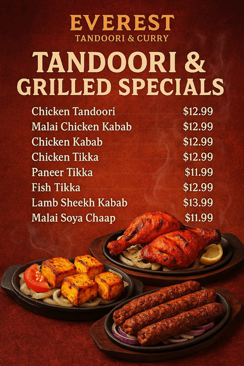 Everest Tandoori & Curry'Best Indian Food In Lathorp' menu board