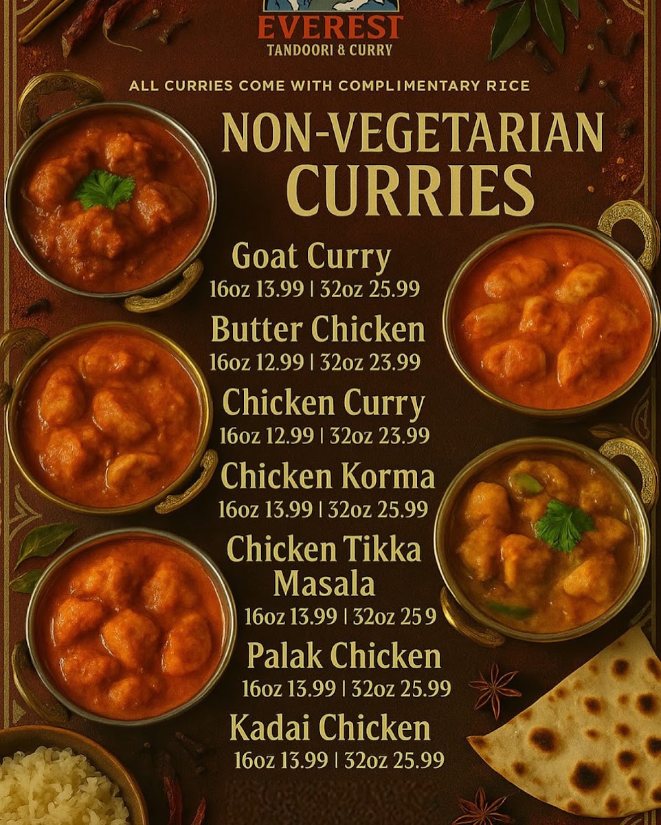 Everest Tandoori & Curry'Best Indian Food In Lathorp' menu board