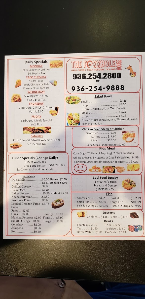 The Foxxhole House menu board