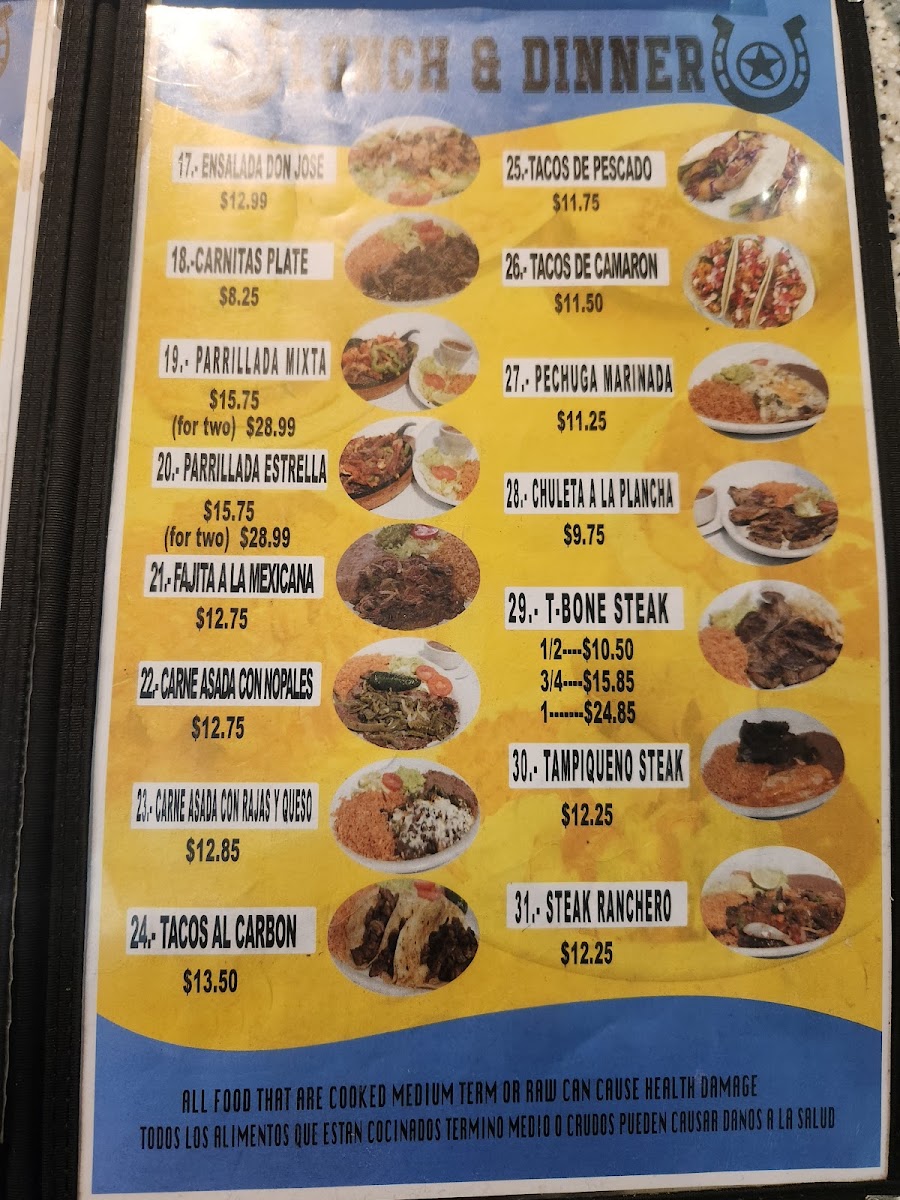 Estrella Restaurant Mexican Food menu board
