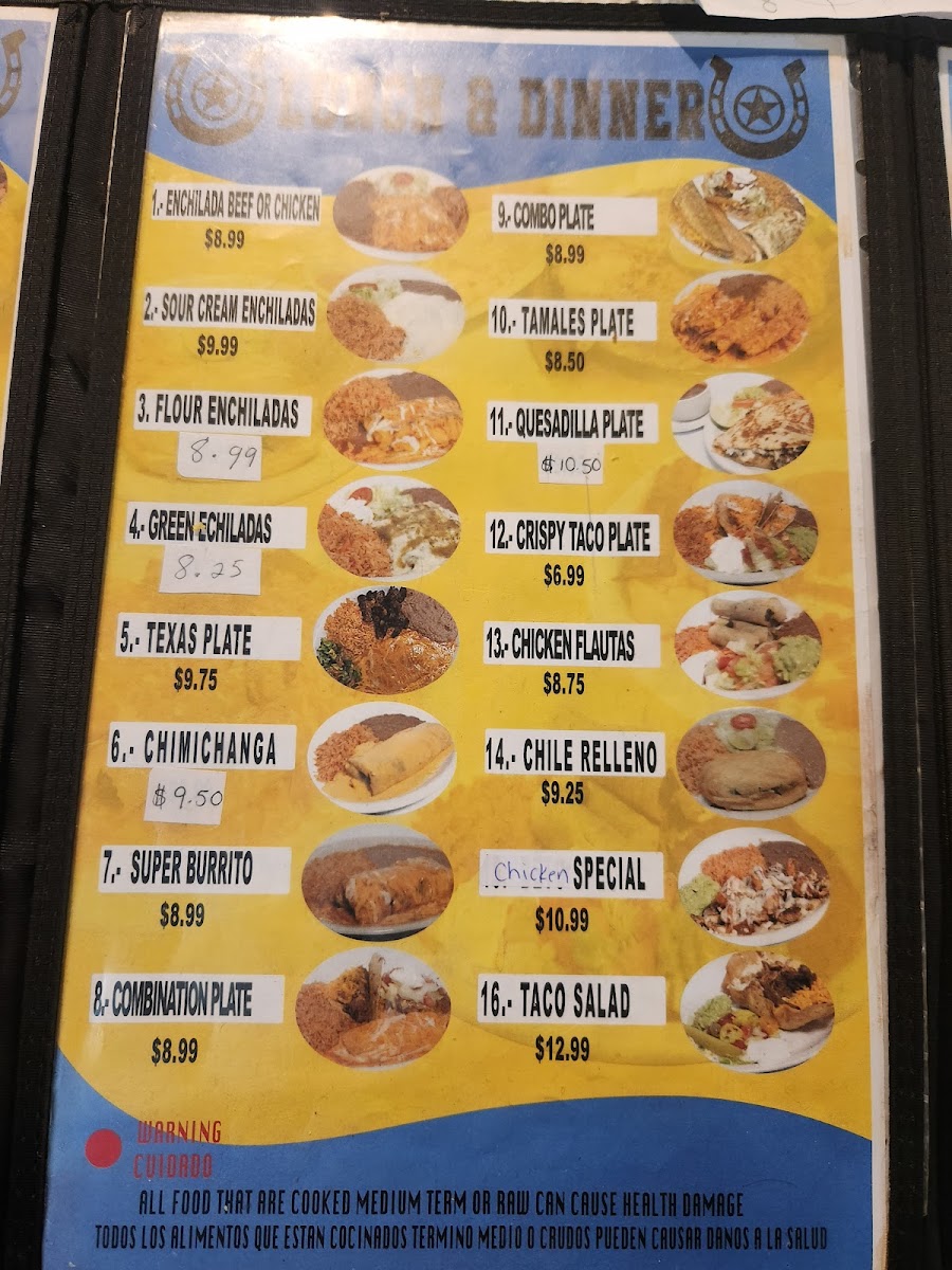 Estrella Restaurant Mexican Food menu board