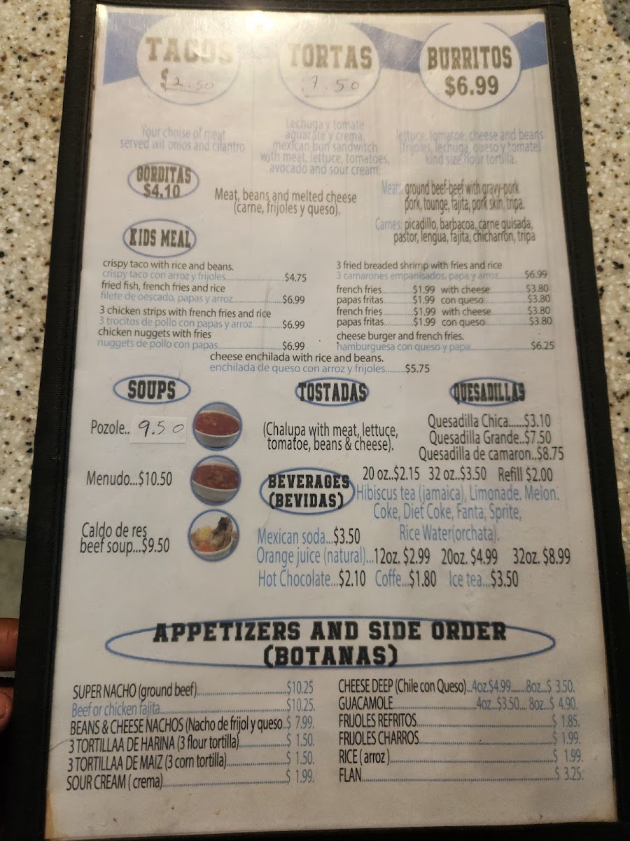 Estrella Restaurant Mexican Food menu board