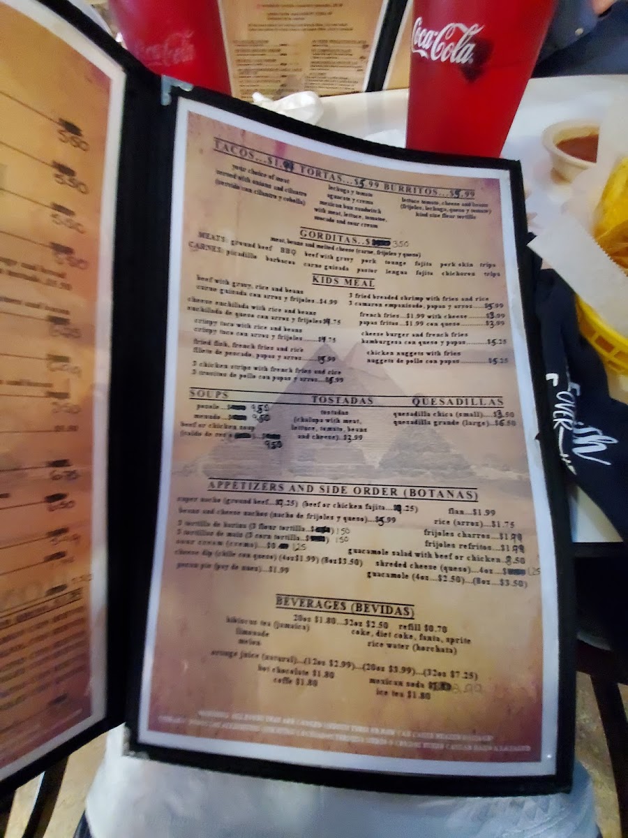 Estrella Restaurant Mexican Food menu board