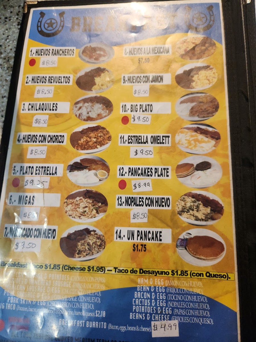 Estrella Restaurant Mexican Food menu board