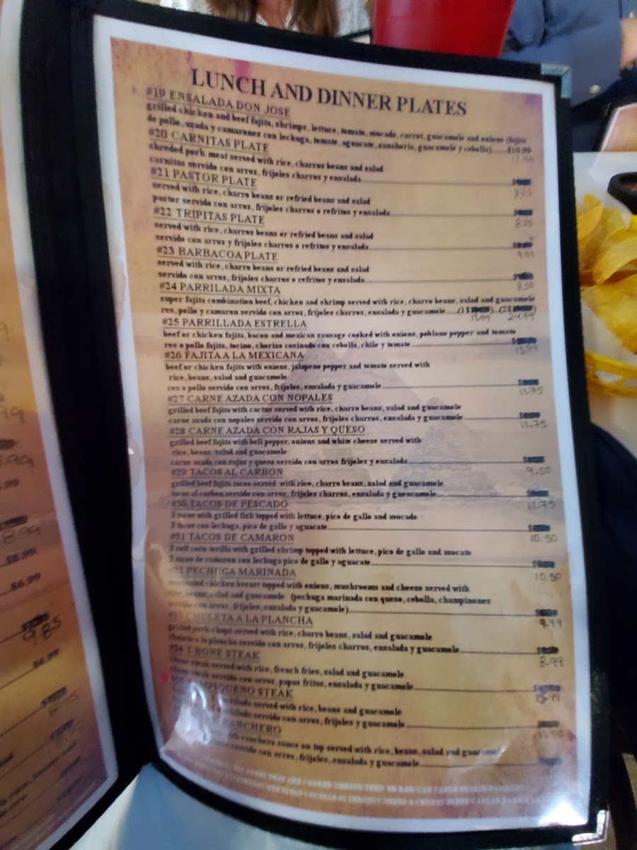 Estrella Restaurant Mexican Food menu board