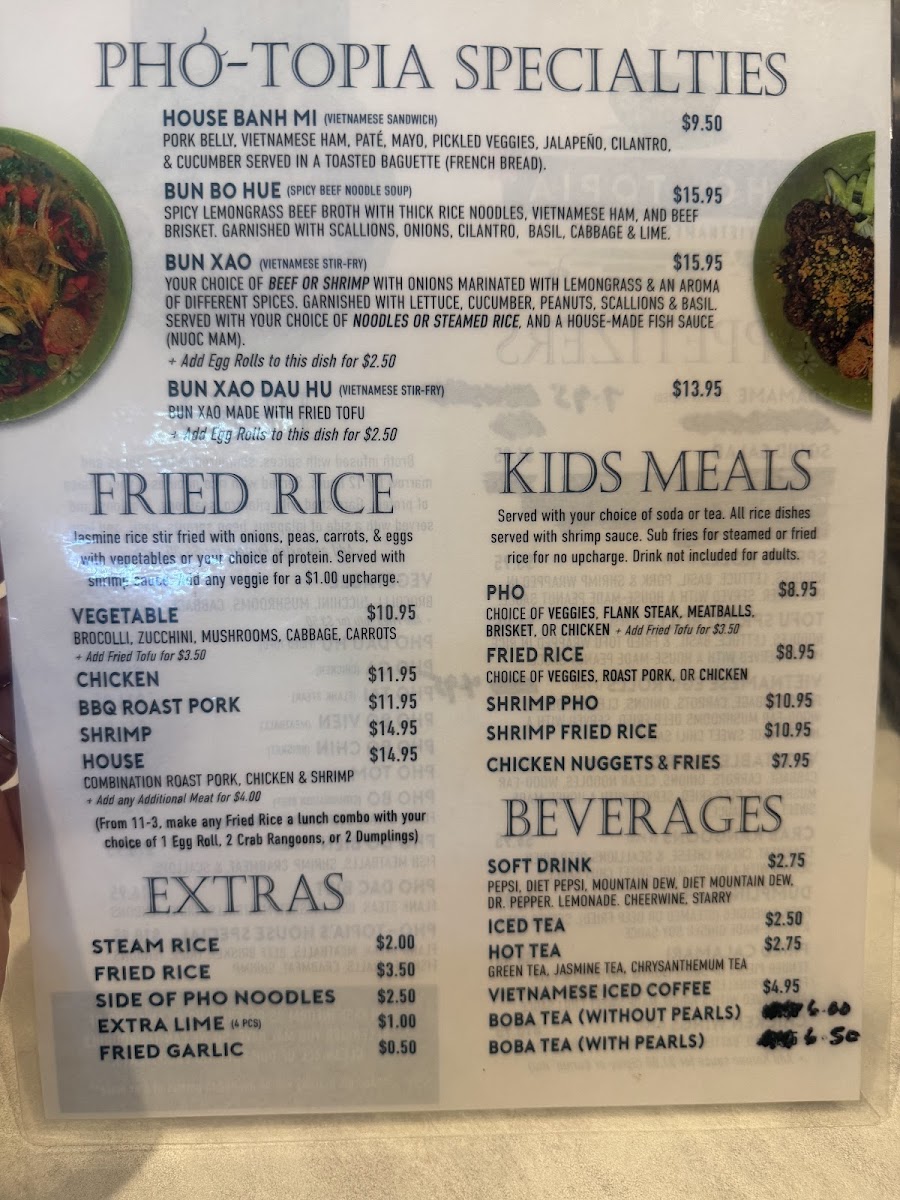 Pho-Topia menu board