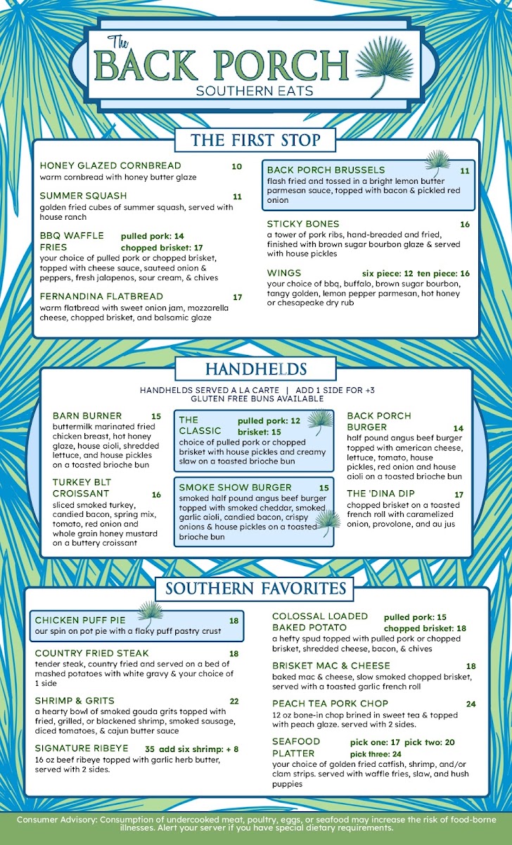 The Back Porch Southern Eats menu board