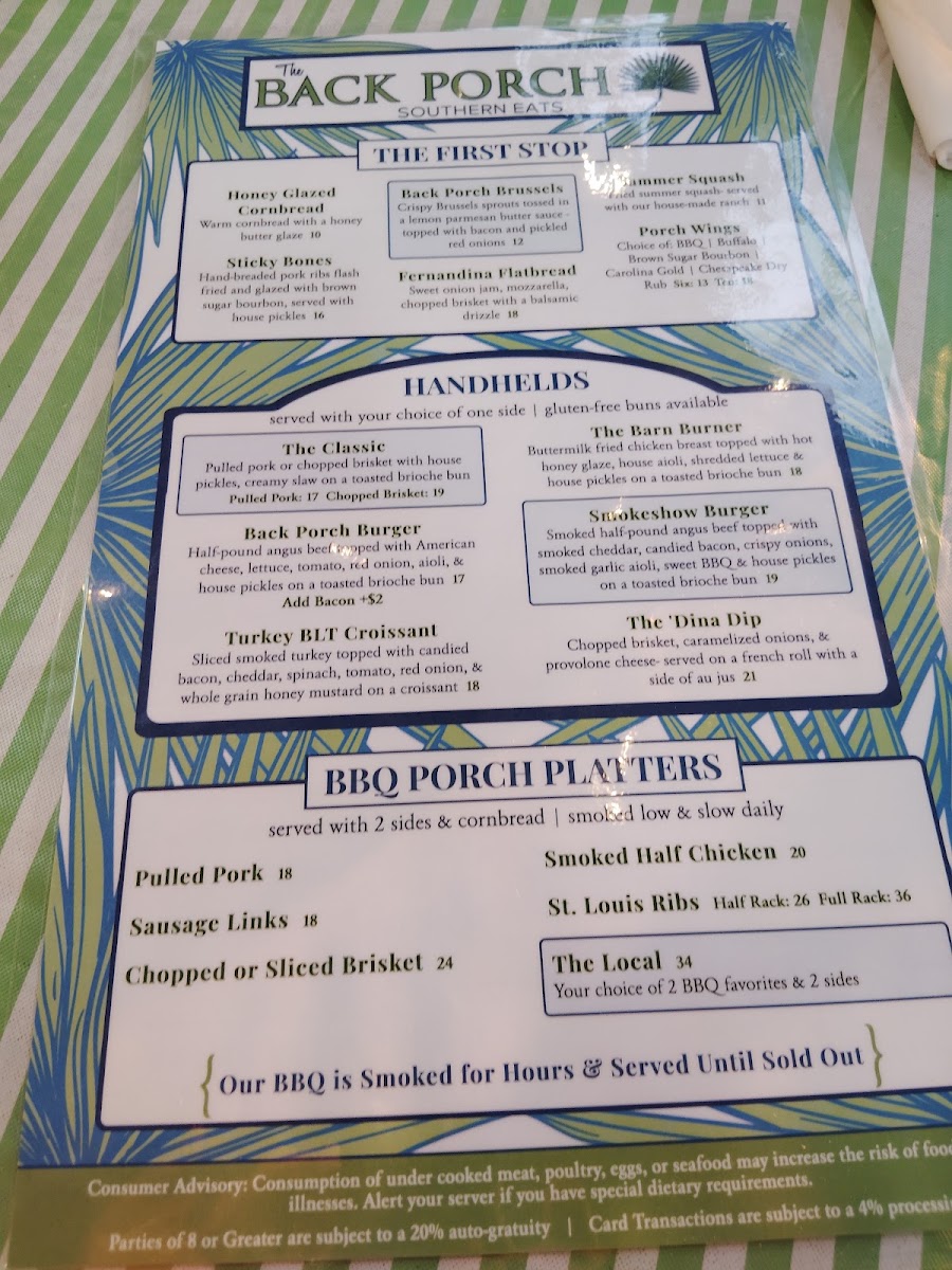 The Back Porch Southern Eats menu board