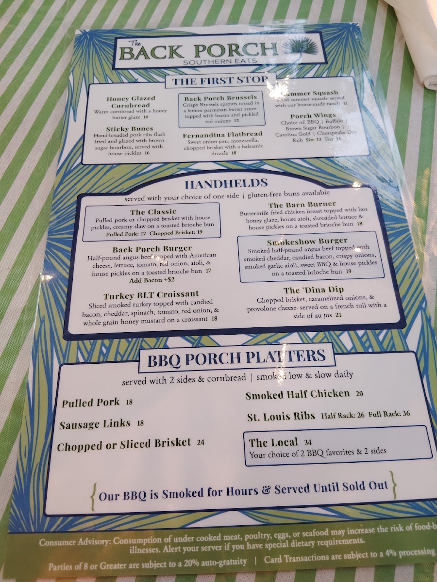 The Back Porch Southern Eats menu board