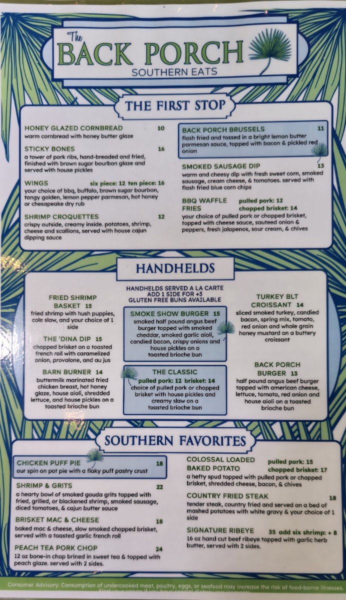 The Back Porch Southern Eats menu board