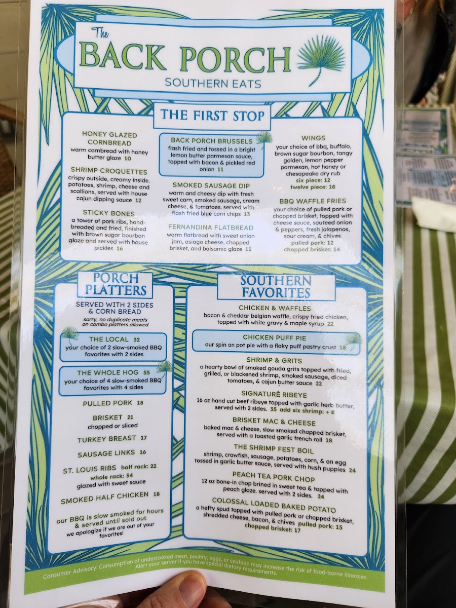 The Back Porch Southern Eats menu board