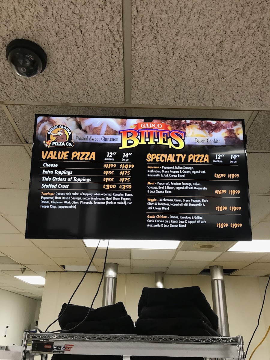 Great Alaska Pizza Company menu board