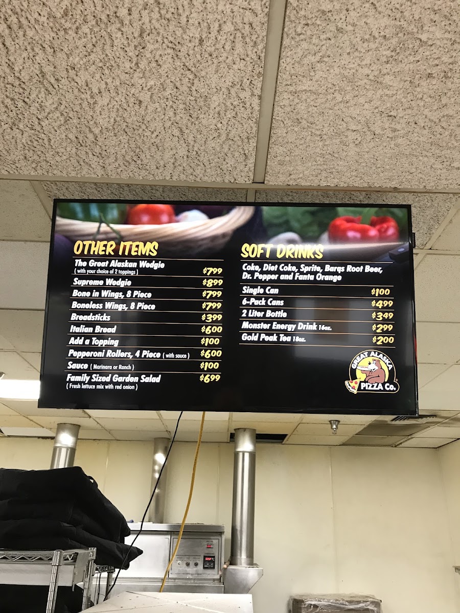 Great Alaska Pizza Company menu board