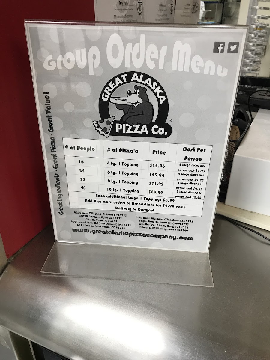 Great Alaska Pizza Company menu board
