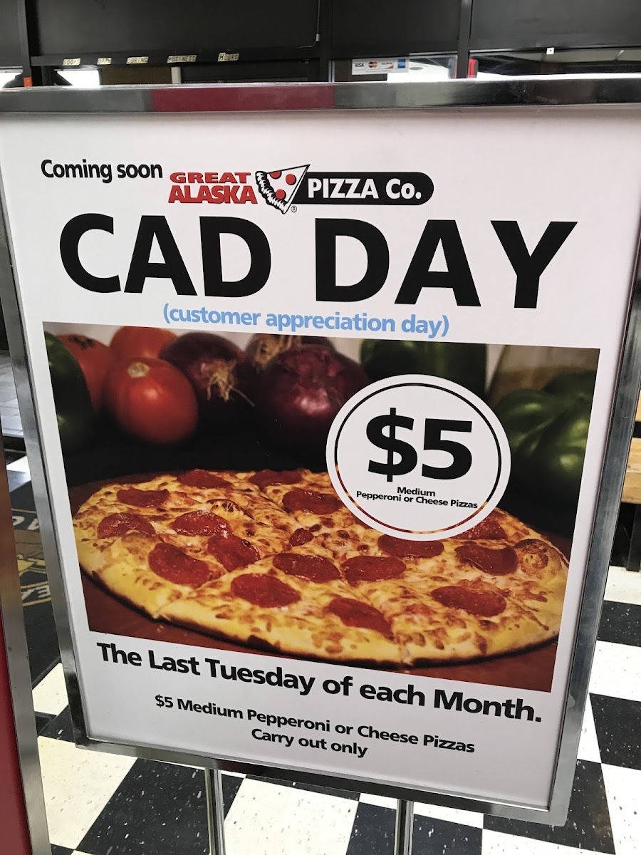 Great Alaska Pizza Company menu board
