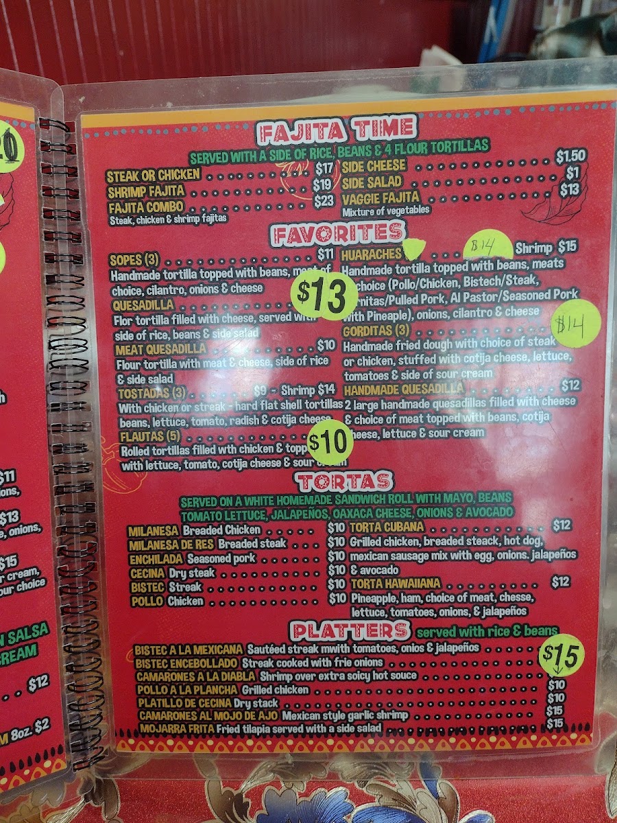 La Frontera Mexican Restaurant menu board